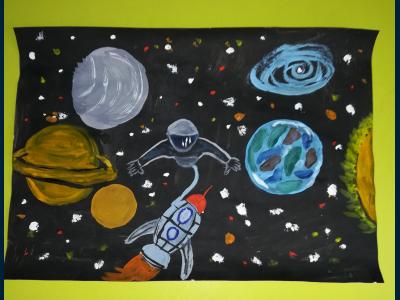Картина. Автор: Калимуллин Денис Игоревич. Техника: гуашь. Класс: 1 "Космические миражи"