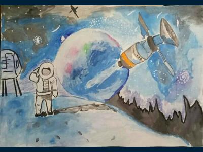 Картина. Автор: Шафиков Артем. Техника: гуашь. Класс: 1 «Космическое путешествие»