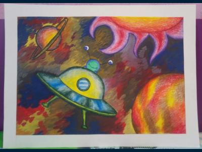 Картина. Автор: Залялетдинов Арслан. Техника: смешанная техника. Класс: 1 "Космический друг"