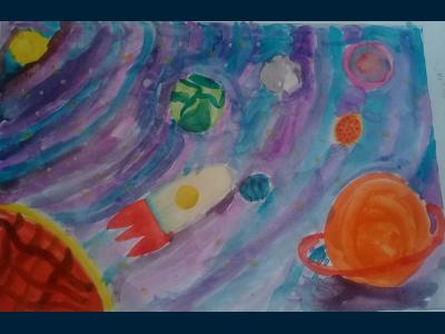 Картина. Автор: Низамова Эмилия. Техника: акварель. Класс: 1 Космическая техника