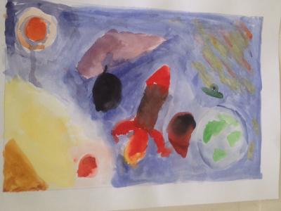 Картина. Автор: Худайбердин Радмир. Техника: акварель. Класс: 1 Космическая техника