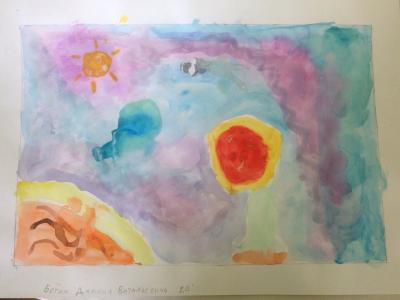 Картина. Автор: Ботин Даниил. Техника: акварель. Класс: 1 Космическая техника