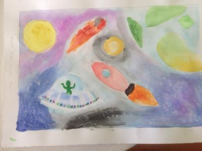 Картина. Автор: Артыкаев Рамазан. Техника: акварель. Класс: 1 я и мой космос