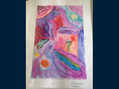 Картина. Автор: Бикметов Ильфат. Техника: акварель. Класс: 1 Жизнь на далеких планетах