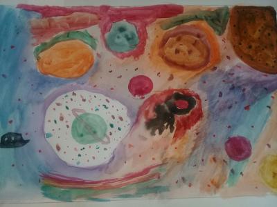 Картина. Автор: Урманов Азамат. Техника: акварель. Класс: 1 космические дали