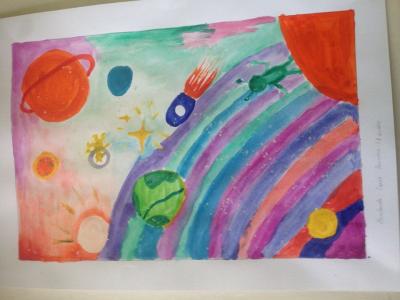Картина. Автор: Юртбакова Сария. Техника: акварель. Класс: 1 космические путешествия