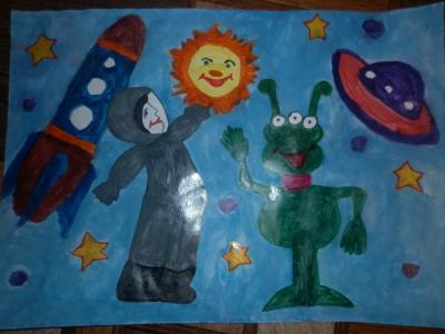 Картина. Автор: Алетдинова Сабина Ильнуровна. Техника: акварель. Класс: 1 "Солнце светит всем одинаково..."