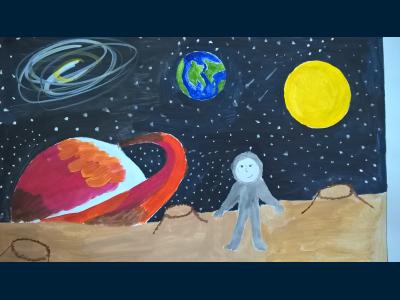 Картина. Автор: Кунафин Данил. Техника: гуашь. Класс: 1 Космонавт на Луне