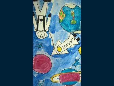 Картина. Автор: Султанова Варвара. Техника: акварель. Класс: 1 Ракета " Салют"