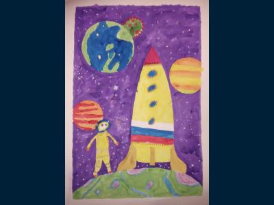 Картина. Автор: Григоренко Софья. Техника: смешанная техника. Класс: 1 Первые на планете
