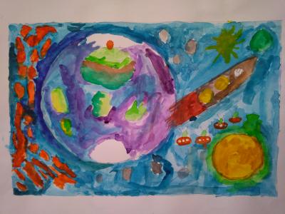 Картина. Автор: Хазиев Арсений. Техника: акварель. Класс: 1 Космический мир
