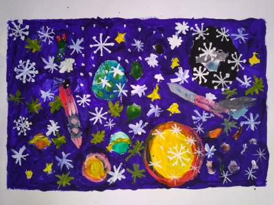 Картина. Автор: Исламов Ратмир. Техника: гуашь. Класс: 1 Космическая зима