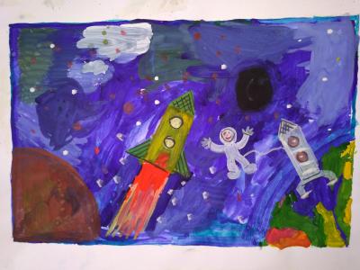 Картина. Автор: Хусаинова Лилианна. Техника: гуашь. Класс: 1 На орбите