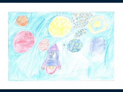 Картина. Автор: Салимуллина Алиса. Техника: карандаш. Класс: 1 Человек в космосе