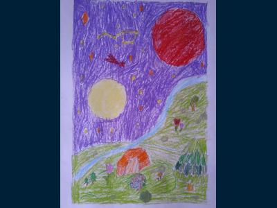 Картина. Автор: Курамшина Ильнара. Техника: восковые мелки. Класс: 2 Земля и космос