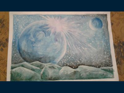 Картина. Автор: Ахметшина Злата Викторовна. Техника: акварель. Класс: 2 Неизведанный космический мир