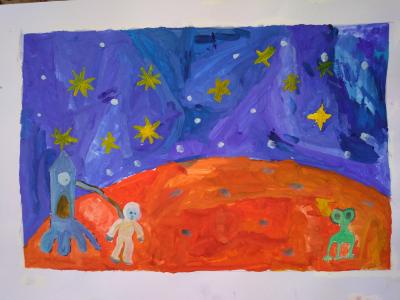 Картина. Автор: Ахунов Альберт. Техника: гуашь. Класс: 2 Встреча на Марсе