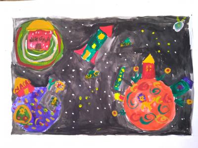 Картина. Автор: Валитова Аида. Техника: гуашь. Класс: 2 Жизнь на далеких планетах