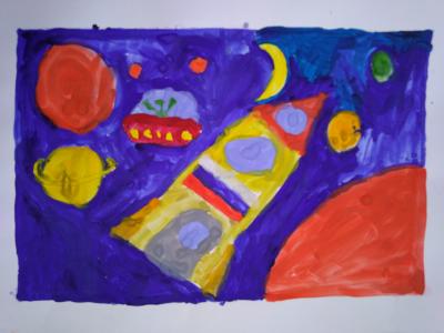 Картина. Автор: Сагитов Рузиль. Техника: гуашь. Класс: 2 Полет ракеты