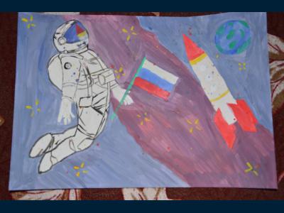 Картина. Автор: Уралбаев Радмил. Техника: акварель. Класс: 2 Человек в космосе