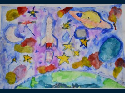 Картина. Автор: Кадыров Арслан. Техника: акварель. Класс: 2 Космос