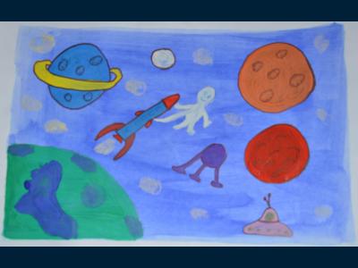 Картина. Автор: Ибрагимов Ильяс. Техника: акварель. Класс: 2 Космические путешествия