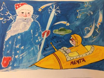 Картина. Автор: Фёдорова Дарья. Техника: гуашь. Класс: 3 Новогодняя аэросказка