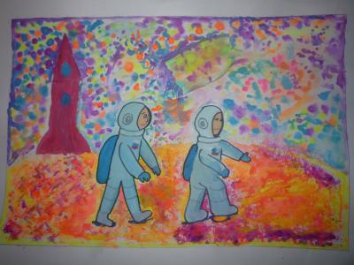 Картина. Автор: Зуфарова Милена. Техника: акварель. Класс: 3 На прекрасных просторах космоса