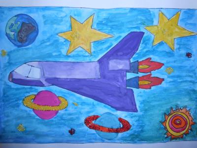 Картина. Автор: Гилимханов Александр. Техника: смешанная техника. Класс: 3 Космические путешествия