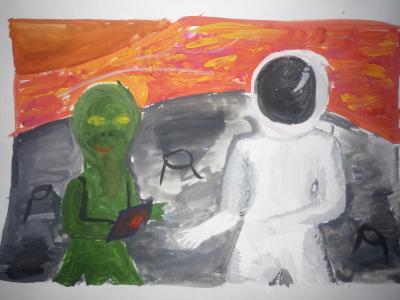 Картина. Автор: Гарифуллина Назгуль. Техника: акварель. Класс: 3 Встреча друзей