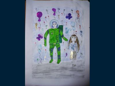 Картина. Автор: Занина Юлия. Техника: смешанная техника. Класс: 3 «Я встречаю космонавта»
