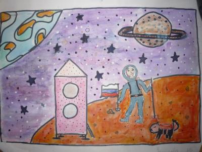Картина. Автор: Зарипова Элина. Техника: акварель. Класс: 3 Героиня космоса