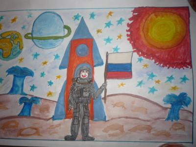 Картина. Автор: Багаутдинова Альбина. Техника: смешанная техника. Класс: 3 Осваивая просторы космоса
