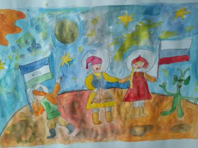 Картина. Автор: Искужин Галинур. Техника: акварель. Класс: 3 мы за мир в космосе