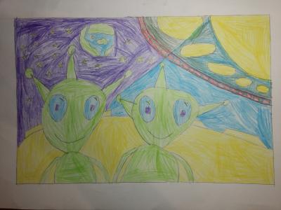 Картина. Автор: Миннеханов Тимур. Техника: карандаш. Класс: 4 Друзья из космоса