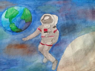 Картина. Автор: Сырлыбаева Гульгина Рустамовна. Техника: акварель. Класс: 6 человек в космосе