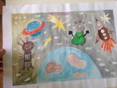 Картина. Автор: Аллаяров Динислам. Техника: акварель. Класс: 6 Космическая техника