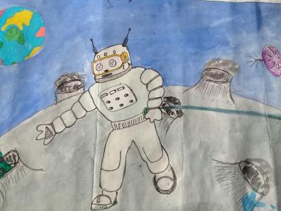 Картина. Автор: Новиков Илья Андреевич. Техника: гуашь. Класс: 6 человек в космосе