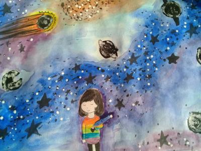 Картина. Автор: Салимов Рафаэль. Техника: акварель. Класс: 7 человек в космосе