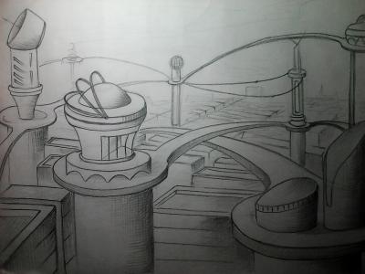 Картина. Автор: Ахметянов Аскар. Техника: карандаш. Класс: 7 Космический город будущего