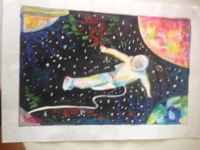 Картина. Автор: Орлова Валерия Олеговна. Техника: акварель. Класс: 8 человек в космосе