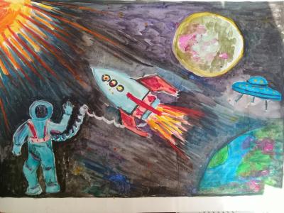 Картина. Автор: Аверьянова Юлия. Техника: акварель. Класс: 8 человек в космосе