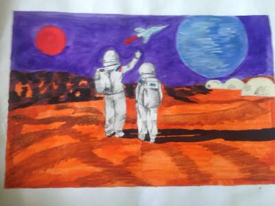 Картина. Автор: Ахметов Урал Раилевич. Техника: акварель. Класс: 8 человек в космосе