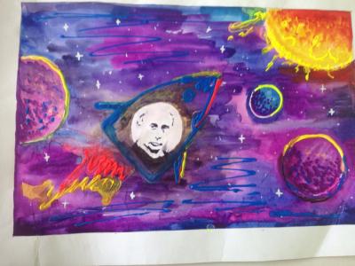 Картина. Автор: Янузакова Рузиля. Техника: акварель. Класс: 8 Освоение космоса Россией