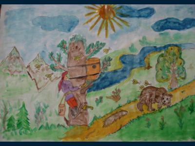 Иллюстрация к башкирской сказке "Медведь и пчёлы"