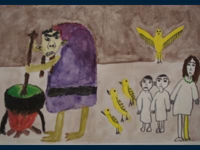 Картина. Автор: Ашаробзянова Милена. Техника: акварель. Класс: 1 Иллюстрация к башкирской сказке "Птичья нога"