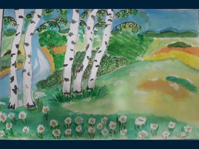Картина. Автор: Зиннатуллин Алмаз. Техника: гуашь. Класс: 1 "Родина моя,реки и поля"