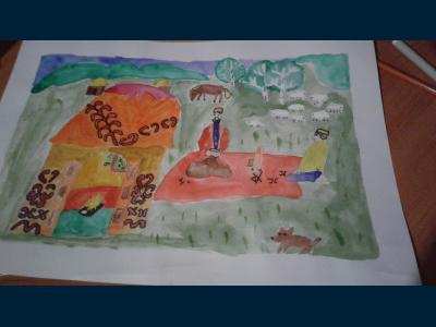 Картина. Автор: Мишина Валерия. Техника: акварель. Класс: 1 Башкирская сказка