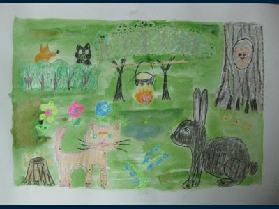 Картина. Автор: Косолапов Денис. Техника: смешанная техника. Класс: 1 башкирская народная сказка "Кот - озорник"