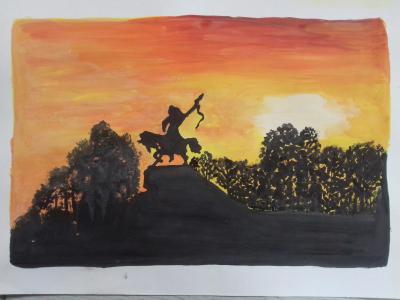 Картина. Автор: Ямилова Аэлита Азатовна. Техника: гуашь. Класс: 1 Памятник Салавату Юлаеву